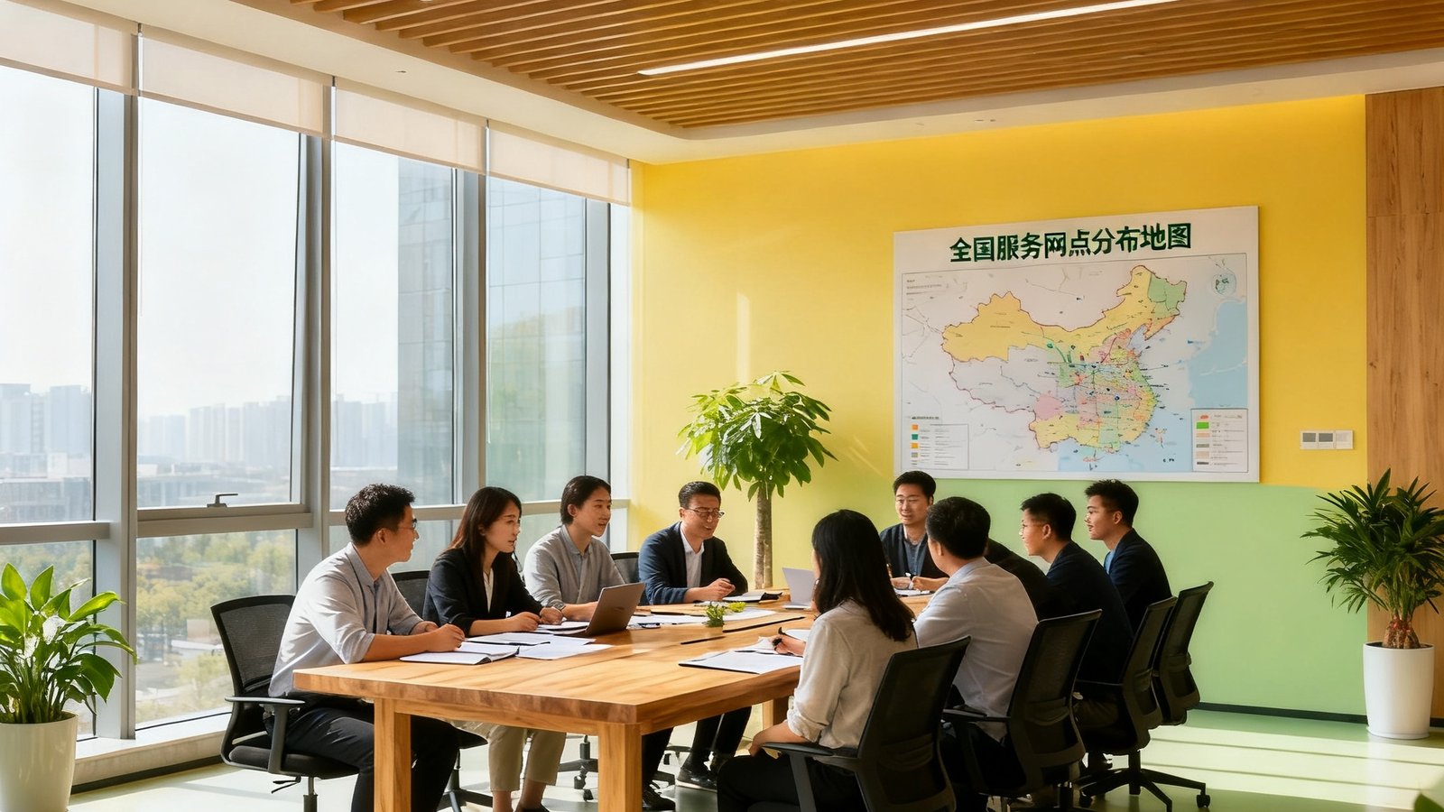 米兰中国上海总部开放式办公区一隅，自然光透过落地窗洒在原木色长桌上，十几位团队成员正在热烈讨论项目方案，墙上挂着全国服务网点分布地图，绿植点缀其间