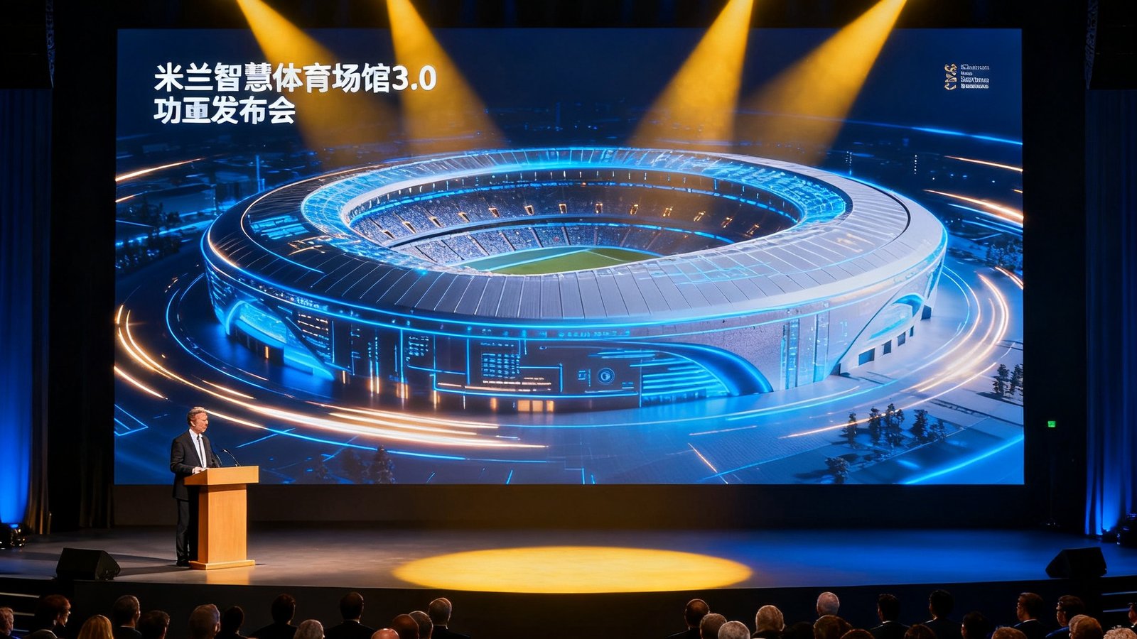 米兰智慧体育场馆3.0方案发布会现场，舞台中央巨型LED屏幕展示数字孪生场馆模型，台下数百位行业嘉宾专注聆听演讲，灯光以深蓝与金色为主调