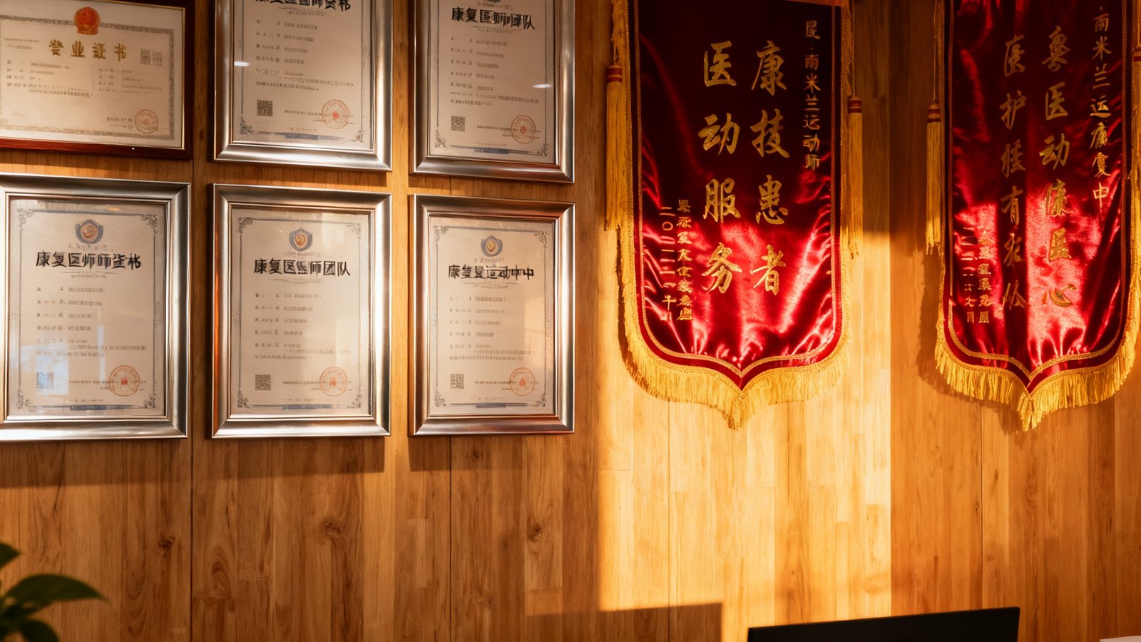 成都米兰运动康复中心前台接待区，暖色调灯光与原木装饰营造温馨氛围，墙上展示着康复医师团队资质证书和患者感谢锦旗